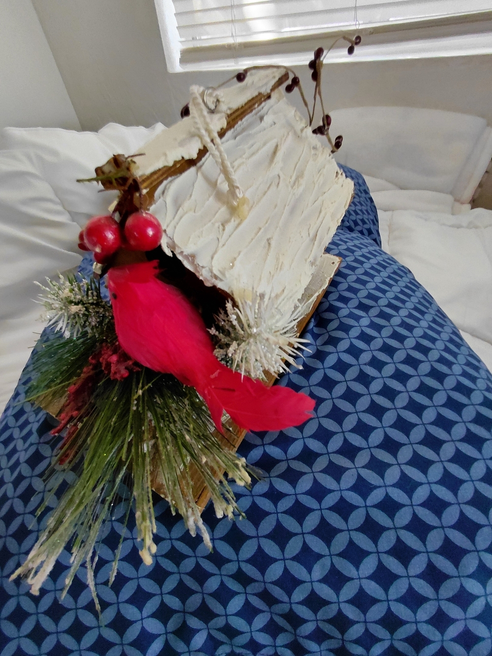 Holiday Decorative Birdhouse with Feathered Red Cardinal